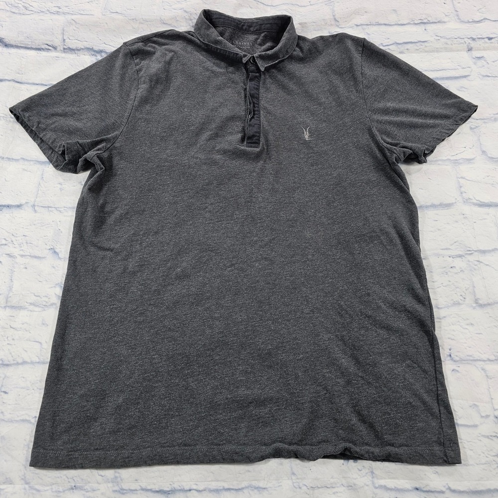 AllSaints Brace SS Polo Mens Large Charcoal Grey Ramskull Cotton Short Sleeve